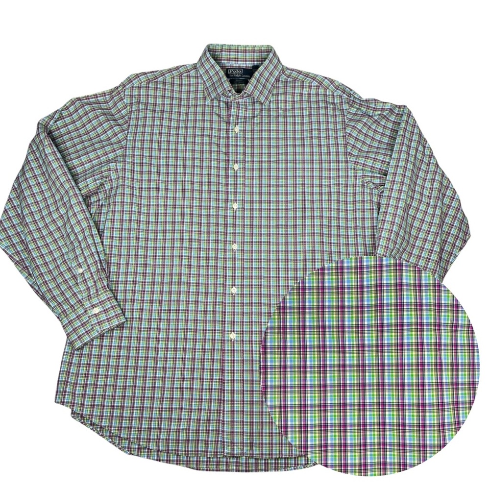 Polo Ralph Lauren Regent Fit XXL Plaid Shirt Mens‎ Long Sleeve Cotton Green Blue